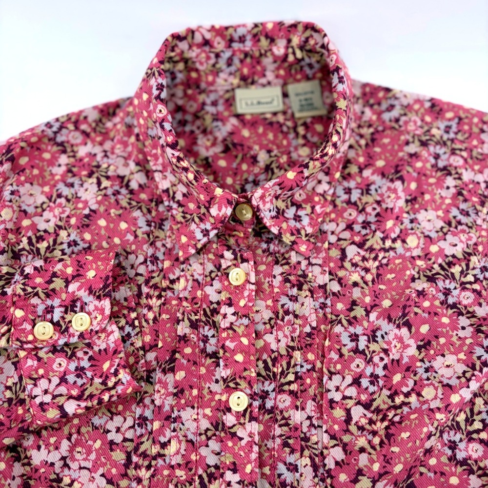 LL Bean Womens Small Pink Floral Corduroy Pleated Front Button Down Shirt OKSB6